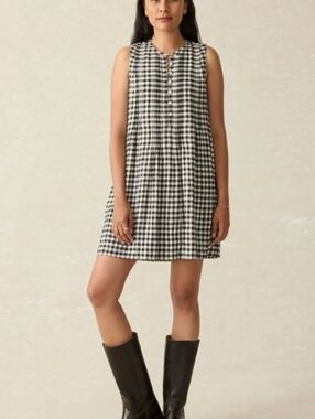 Faherty Isha Gingham Dress L Black White Organic Cotton Swing Mini NWT